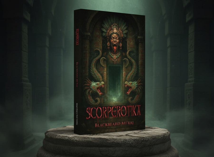 Book titled 'Scorperotika' by Blackbeard Mi'raj on a pedestal with a dark, mystical background.